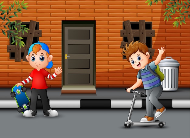 Cartoon two boys playing in front the house