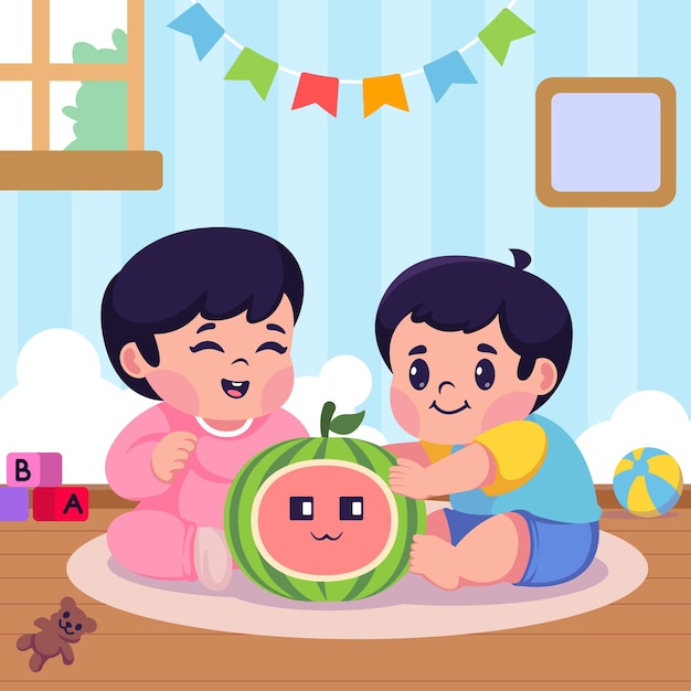 Vector a cartoon of two children playing with an apple with a green face.