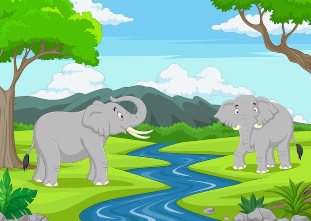 Vector cartoon two elephants in the jungle