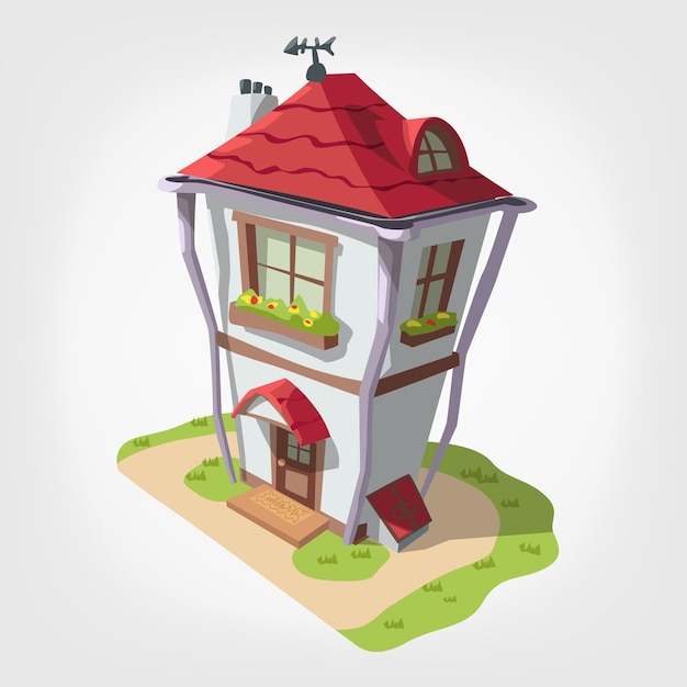 Мультфильм двухэтажный белый дом с красной крышей