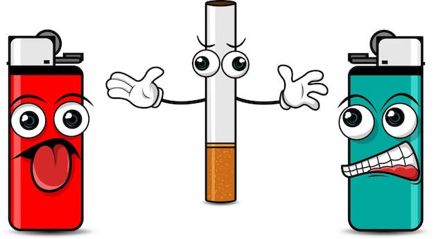 Vector cartoon of two gas lighters clashing and being separated by a cigarette on a white background