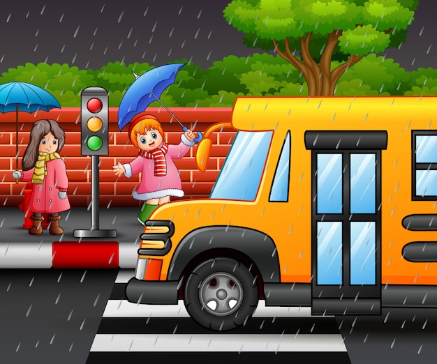 Cartoon two girl carrying umbrella