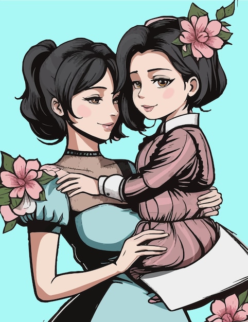 a cartoon of two girls hugging and one has a flower in her hand