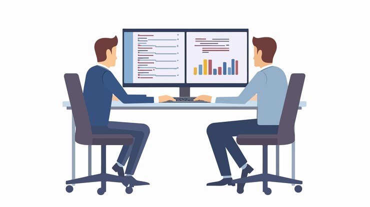 Vector a cartoon of two people working at a computer with the words the word on it