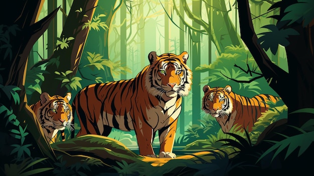 Vector a cartoon of two tigers in the jungle