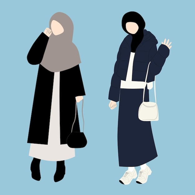 A cartoon of two women wearing a black coat and a white bag