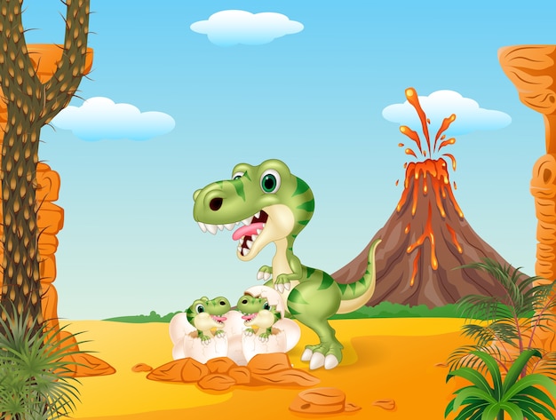 Cartoon tyrannosaurus and baby dinosaurs hatching