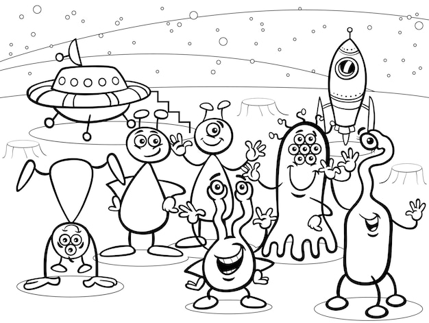 Vector cartoon ufo aliens groep kleurboek