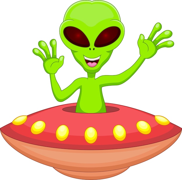 Vector cartoon ufo with alien waving