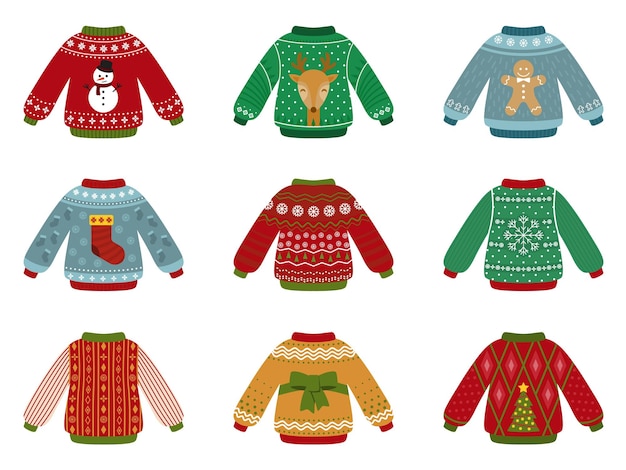 Cartoon ugly sweater Christmas sweaters collection decorative holiday winter clothes Isolated flat new year warm jumper recent vector set