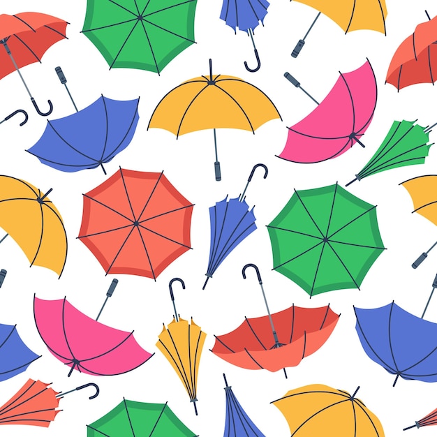 Cartoon umbrella seamless pattern Open close and folded umbrellas colorful rainy seasonal parasols flat vector background illustration Umbrella endless design