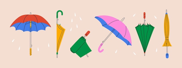 Cartoon umbrellas. open folded parasol, colorful rainy weather waterproof sunshade vector elements