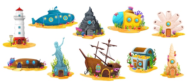 Cartoon underwater buildings game asset set