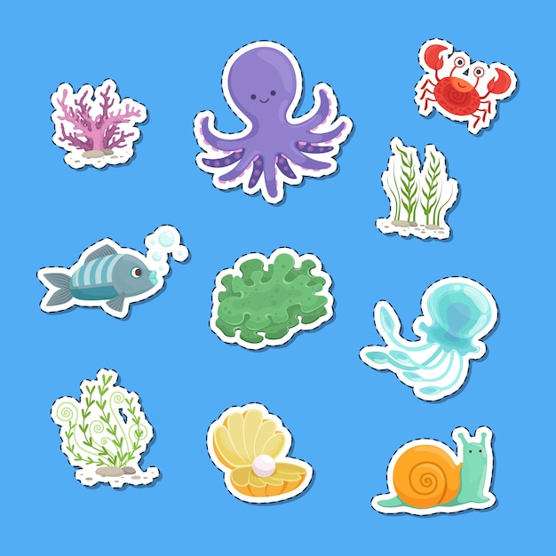 Vector cartoon underwater creatures and seaweed sticker set