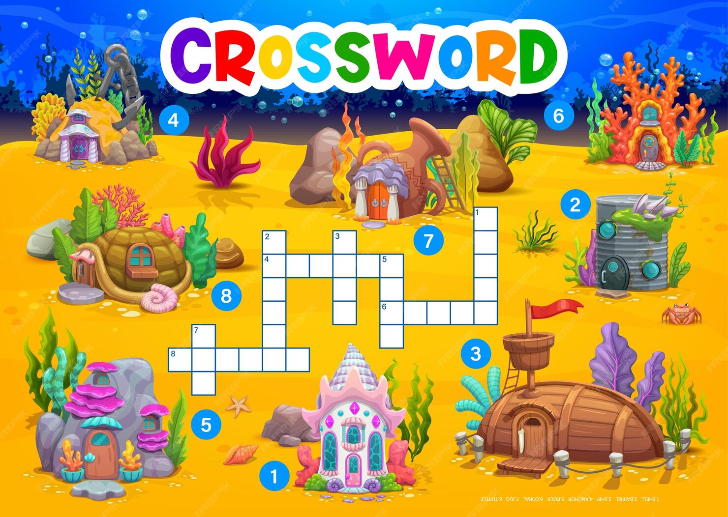 Premium Vector Cartoon underwater crossword quiz game worksheet undersea landscape with house