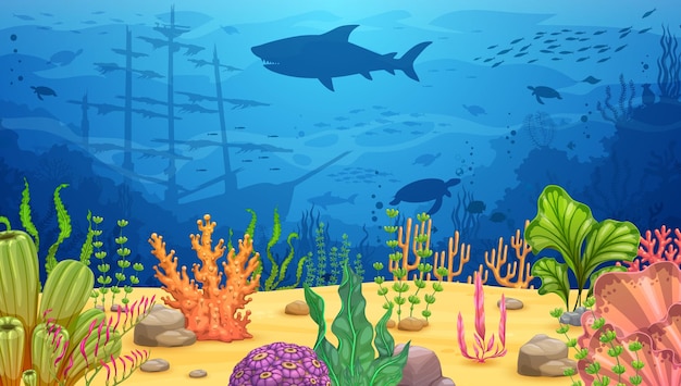 カートゥーン 海底風景 藻類 魚