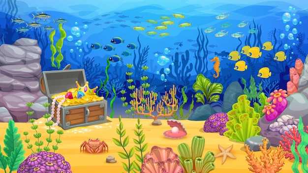 Vector cartoon underwater landscape treasure chest fish