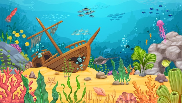 Cartoon underwater landscape with sunken sail ship