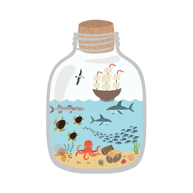 Cartoon underwater world in a bottle