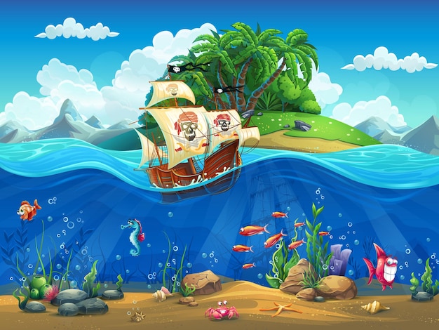 물고기, 식물, 섬 및 배가있는 만화 수중 세계
