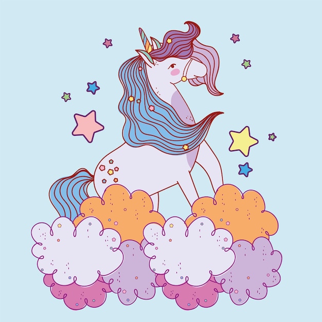 Cartoon unicorn on clouds