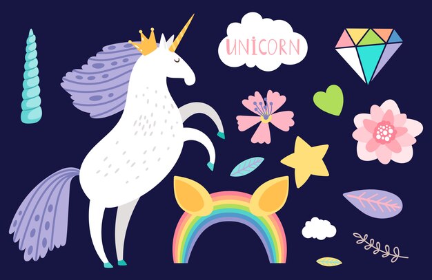 Cartoon unicorn and collection accessorises  illustration