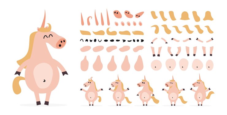Vector cartoon unicorn creation set icons with different faces hair hand feet face body emotions views