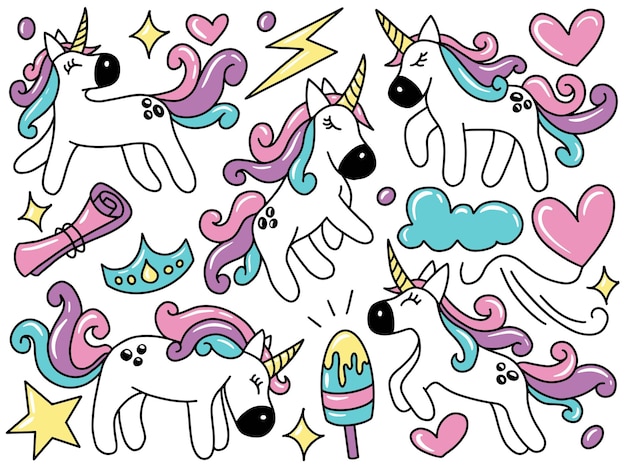 Cartoon Unicorn Doodle Clip Art-collectie