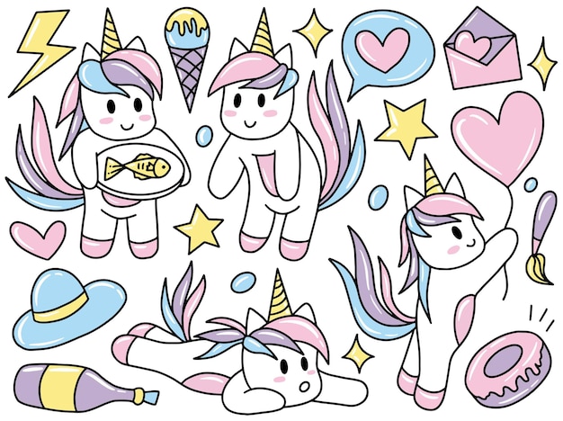 Cartoon unicorn doodle clip art-collectie