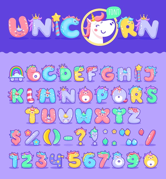 Vector cartoon unicorn font magic type or fairy typeface