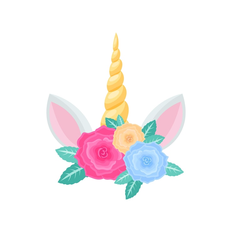वेक्टर cartoon unicorn head with gold horn colorful rose flowers pair of ears isolated flat cartoon icon vector cute magic horse animal with unique horn girlish hair decoration element romantic bouquet