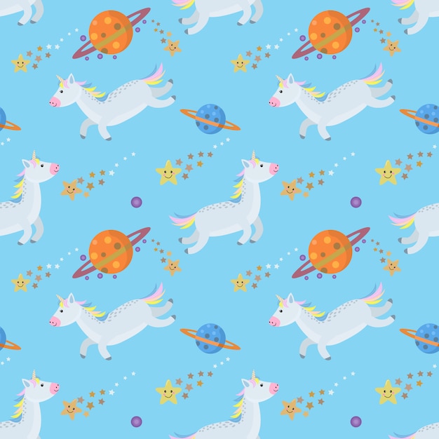 Cartoon unicorn horse in space seamless pattern