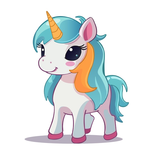 A cartoon unicorn with a blue mane