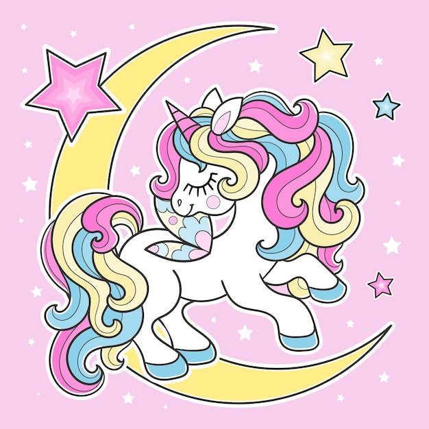 Vector a cartoon unicorn with a rainbow mane is jumping on the moon with stars magic theme for kids poster print design cards stickers puzzles etc vector illustration