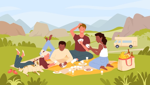 ベクトル カードゲームをプレイするキャラクターが飲み物を飲み、ピクニから食べ物を食べる漫画の都市景観