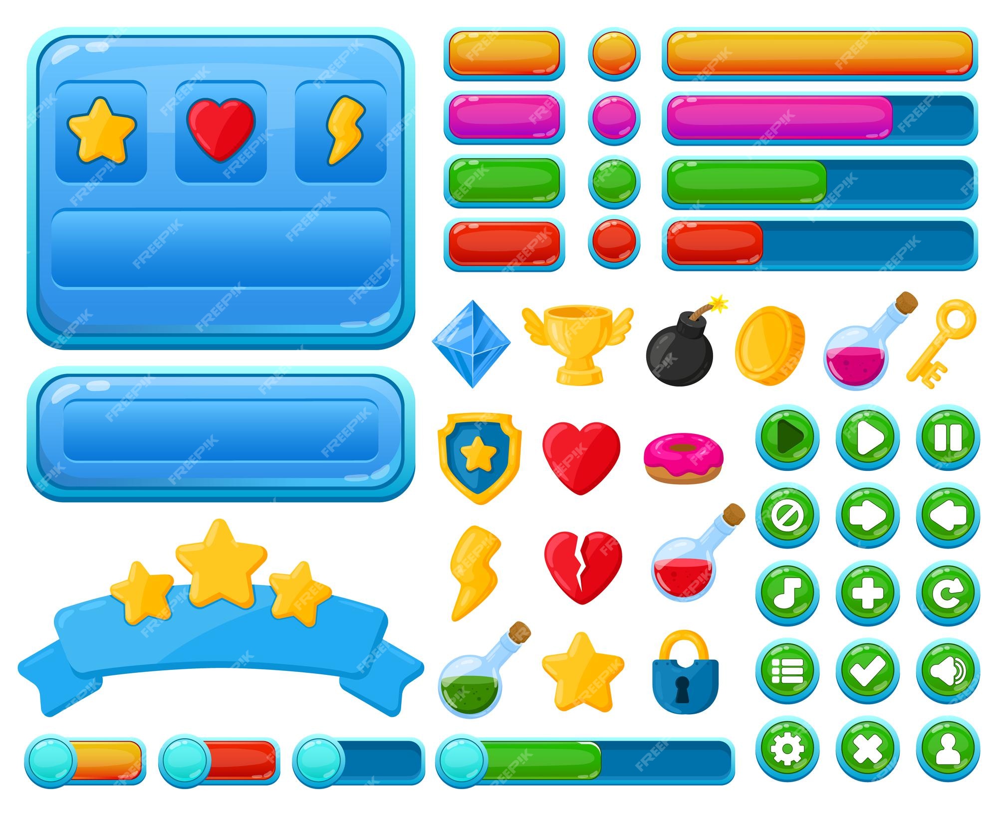 Premium Vector | Cartoon user interface casual video games ui kit elements. game interface buttons, menu elements and game trophies vector illustration set. casual games ui kit symbols as trophy, diamond, heart Premium Vector | Cartoon user interface casual video games ui kit elements. game interface buttons, menu elements and game trophies vector illustration set. casual games ui kit symbols as trophy, diamond, heart
