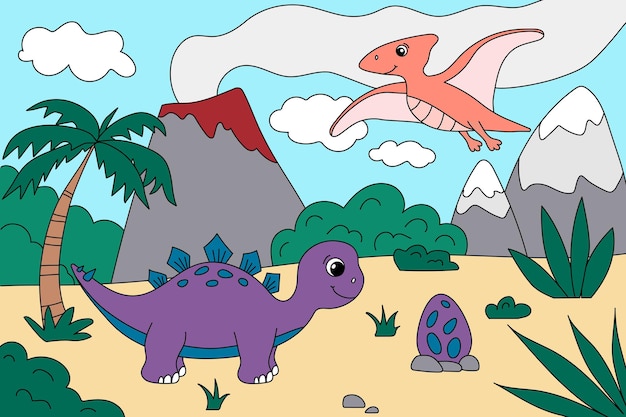 Cartoon ute dinosaurs in the prehistoric landscape