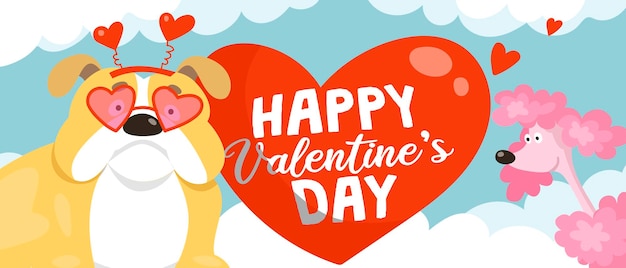 Cartoon valentine card with cute english bulldog wearing heart shaped sunglasses and funny pink poodle