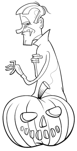 Vector cartoon vampire with halloween pumpkin coloring page