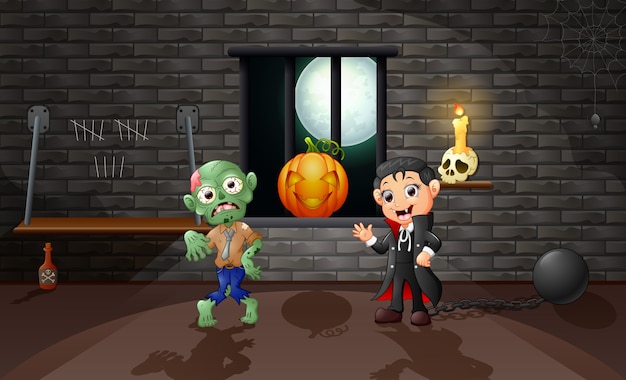 Cartoon of vampire and zombie in the house