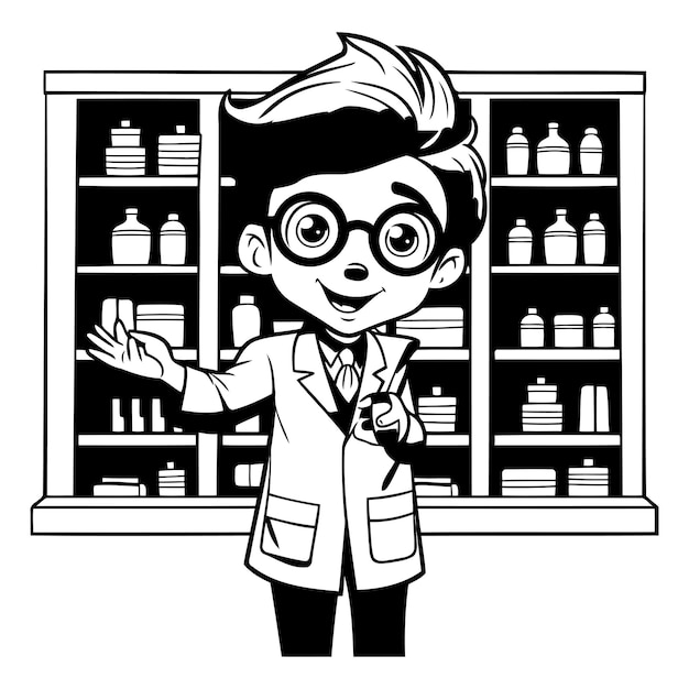 Cartoon van apotheker in de apotheek zwart-wit vectorillustratie grafisch ontwerp