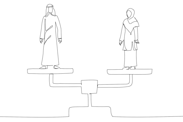 Cartoon van Arabische zakenman en hijab zakenvrouw permanent op evenwichtsschalen Kansen in werkplekconcept continu lijntekeningen