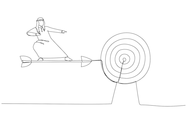 Cartoon van Arabische zakenman rijden op pijl doorlopende lijn kunststijl