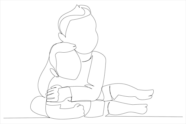 Cartoon van baby en zijn broer op bed kunststijl met één doorlopende lijn