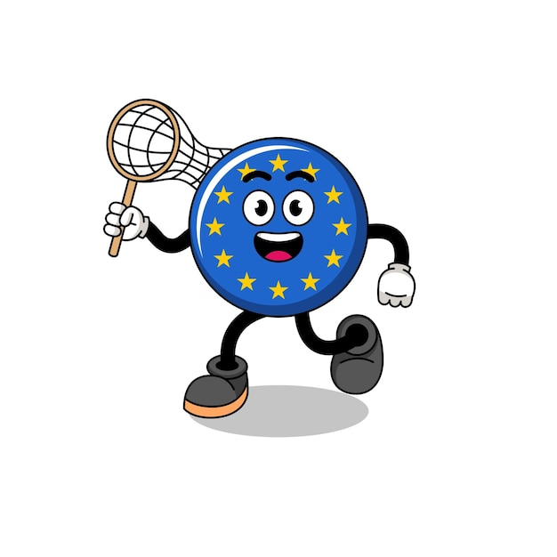 Vector cartoon van de europese vlag die een vlinder vangt