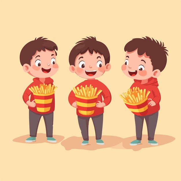 Cartoon van een kind met een frietcontainer vector pose jong kind