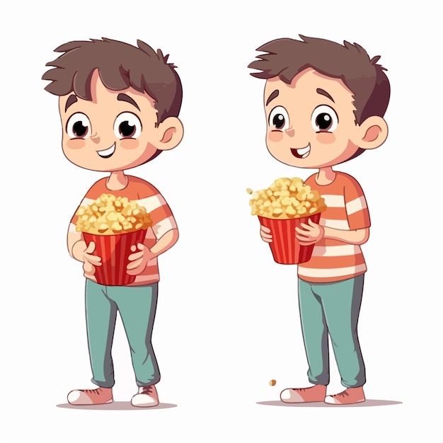 Cartoon van een kind met popcorn vector pose jong kind