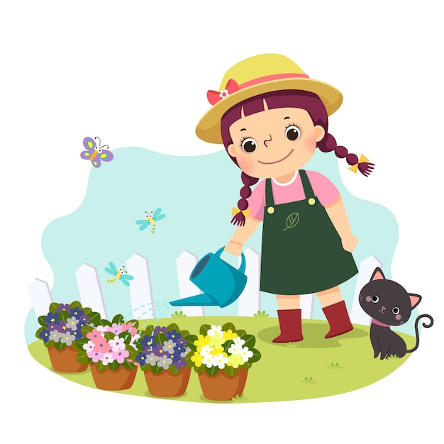 cartoon van een klein meisje plant water geven. Kinderen doen van huishoudelijke klusjes thuis concept.