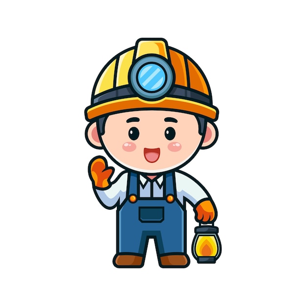 Vector cartoon van een mijnwerker die een hoed draagt en een lamp vasthoudt