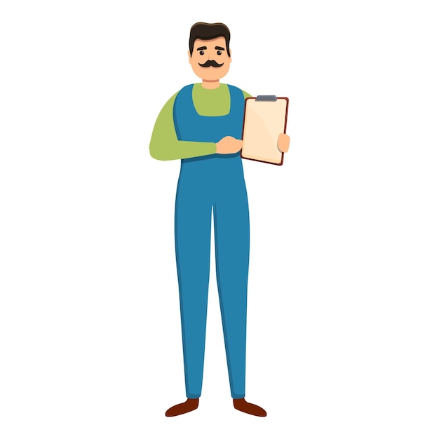 Cartoon van een monteur met een checklist-icone voor webontwerp geïsoleerd op een witte achtergrond
